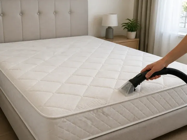 Aspirado de las costuras y laterales de un colchón sin ropa de cama